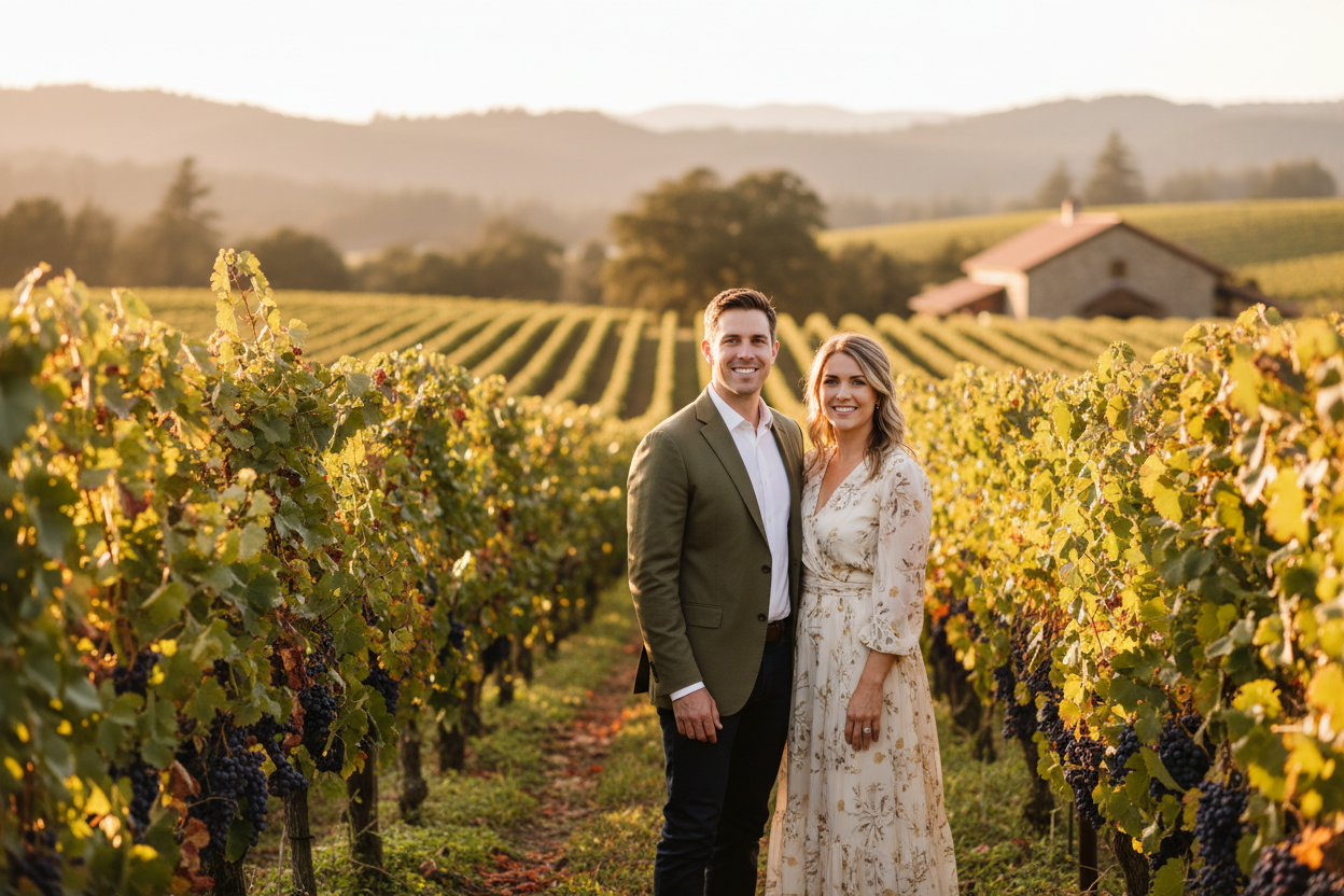 Royce and Jennifer Lawler in a vineyard