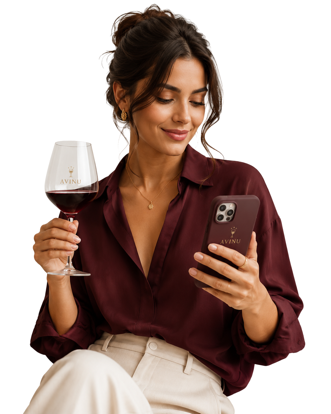 Woman enjoying wine while using Aviñu